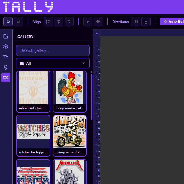 Tally custom design gallery with folders and searchable artwork