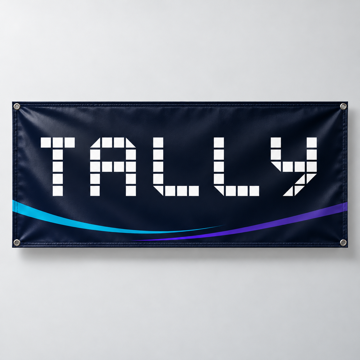 Tally branded navy vinyl banner with corner grommets and cyan purple accents