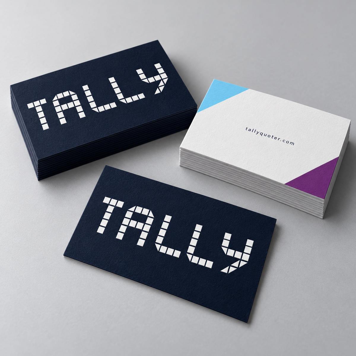 Tally branded premium business cards showing front and back designs